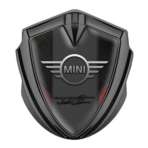 Mini Cooper Emblem Logo Schriftzug Aufkleber Graphit Tonfarbe mit Schwarz Rote Vorlage und John Cooper Unterschrift Design