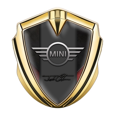 Mini Cooper Emblem Logo Schriftzug Aufkleber Goldtonfarbe mit Schwarz Rote Vorlage und John Cooper Unterschrift Design