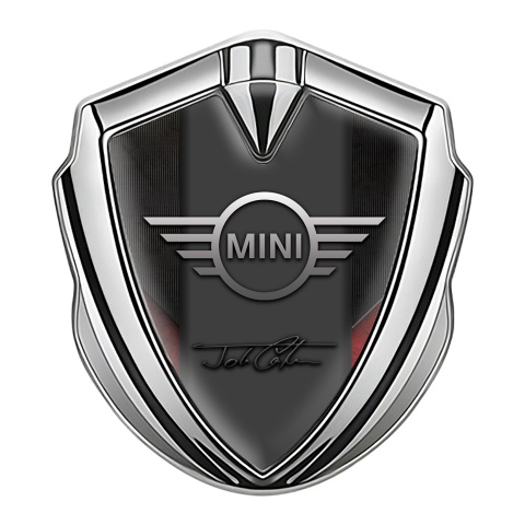 Mini Cooper Emblem Logo Schriftzug Aufkleber Silbertonfarbe mit Schwarz Rote Vorlage und John Cooper Unterschrift Design