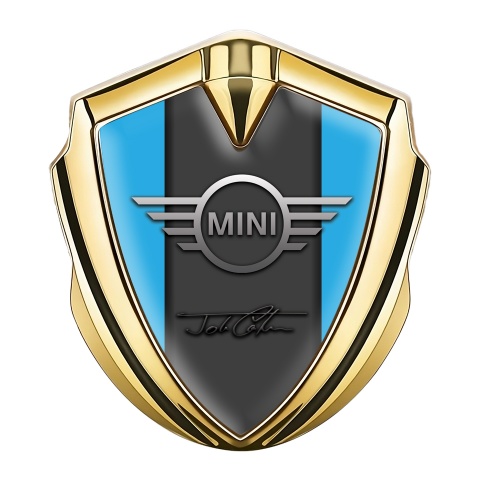 Mini Cooper Seitenflugel Emblem Aufkleber Goldtonfarbe Blau Basis und John Cooper Unterschrift