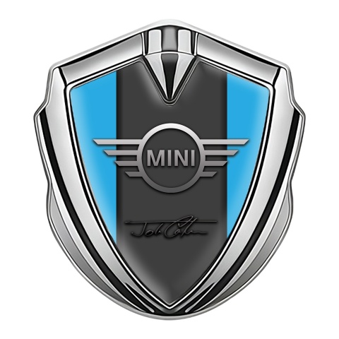 Mini Cooper Seitenflugel Emblem Aufkleber Silbertonfarbe Blau Basis und John Cooper Unterschrift