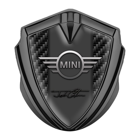 Mini Cooper Emblem Abzeichen Graphit Tonfarbe mit Dunkel Carbon John Cooper Unterschrift
