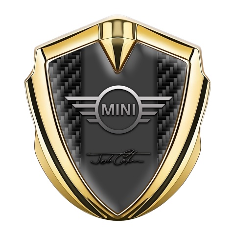 Mini Cooper Emblem Abzeichen Goldtonfarbe mit Dunkel Carbon John Cooper Unterschrift