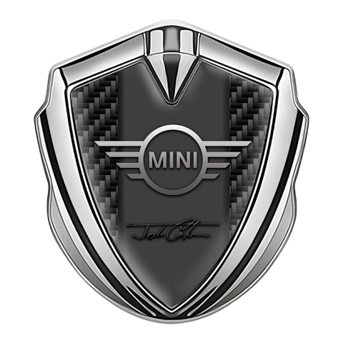Mini Cooper Emblem Abzeichen Silbertonfarbe mit Dunkel Carbon John Cooper Unterschrift