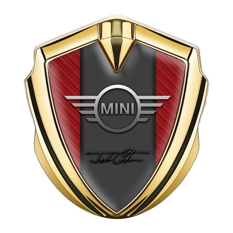 Mini Cooper Abzeichen selbstklebend Goldtonfarbe mit Rot Carbon und John Cooper Unterschrift