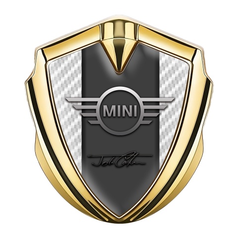 Mini Cooper Emblem Abzeichen selbstklebend Goldtonfarbe mit Weiss Kohlenstoff Basis und John Cooper Unterschrift
