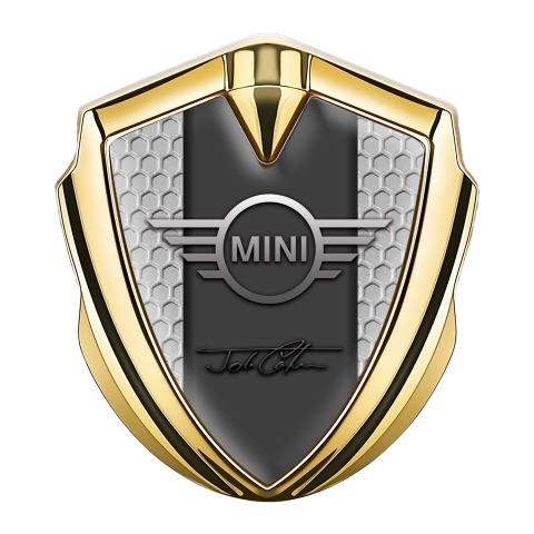 Mini Cooper Emblem Auto Zeichen Goldtonfarbe mit Wabeneffekt Design und John Cooper Unterschrift