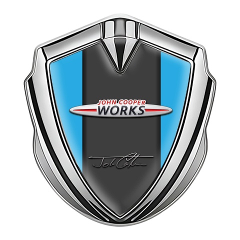 Mini Cooper Emblem Abzeichen Silbertonfarbe mit Blau Vorlage und John Cooper Works Logo
