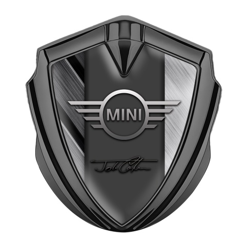 Mini Cooper Emblem Abzeichen selbstklebend Graphit Tonfarbe mit Teller in Grautönen Design und Cooper Unterschrift