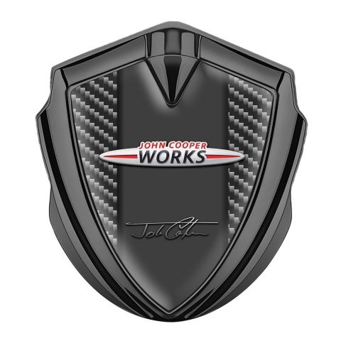 Mini Cooper Emblem Logo Schriftzug Aufkleber Graphit Tonfarbe mit Dunkel Carbon John Cooper Auflage