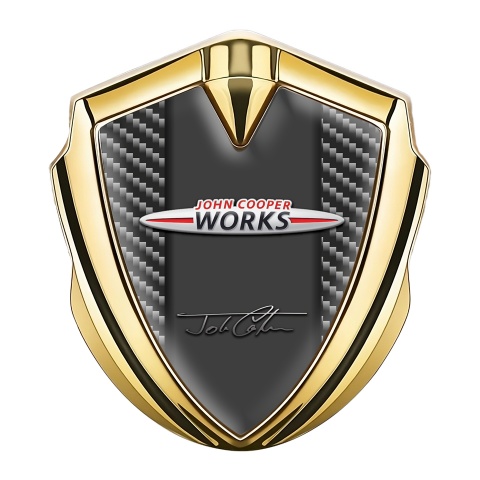 Mini Cooper Emblem Logo Schriftzug Aufkleber Goldtonfarbe mit Dunkel Carbon John Cooper Auflage