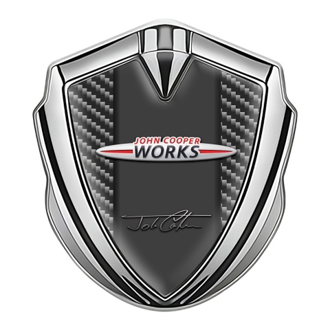 Mini Cooper Emblem Logo Schriftzug Aufkleber Silbertonfarbe mit Dunkel Carbon John Cooper Auflage