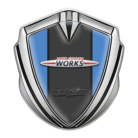 Mini Cooper Emblem Abzeichen Silbertonfarbe mit Blau Basis John Cooper Auflage