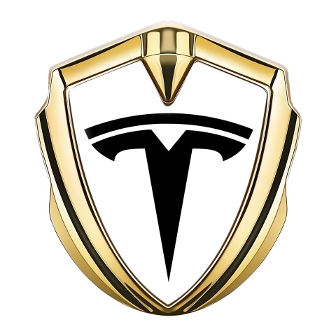 Tesla Emblem Abzeichen Goldtonfarbe Weiss Hintergrund mit Grosses Logo Stil