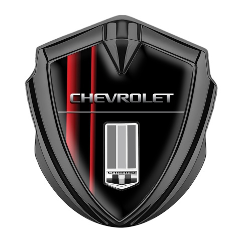 Chevrolet Fender Metal Emblem Badge Graphite Black Base Red Racing Stripes