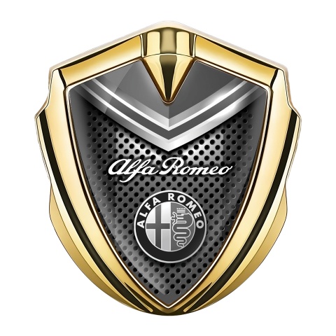 Alfa Romeo Emblem Logo Schriftzug Aufkleber Goldtonfarbe Dunkles Mesh mit Grau Elemente Design