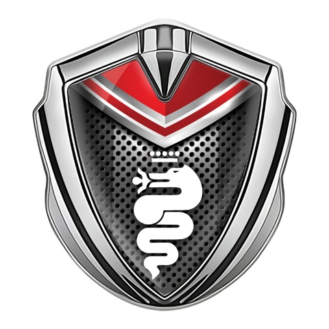 Alfa Romeo Emblem Abzeichen Silbertonfarbe Dunkles mesh Rote Details mit Weiss Logo