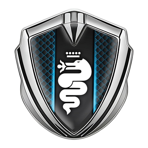 Alfa Romeo Emblem Abzeichen selbstklebend Silbertonfarbe Blau Neon Netz mit Weiss Logo