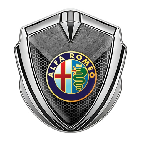 Alfa Romeo 3D Car Metal Emblem Silver Mesh Stone Slab Color Logo Design