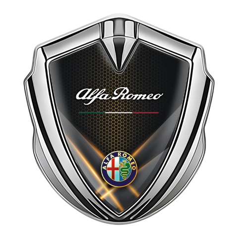 Alfa Romeo Emblem Logo Schriftzug Aufkleber Silbertonfarbe Orange Lichter effekt