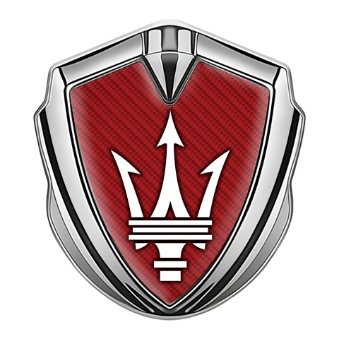 Maserati Selbstklebendes Metallaufkleber Emblem Silbertonfarbe mit Rote Carbon weiss Logo