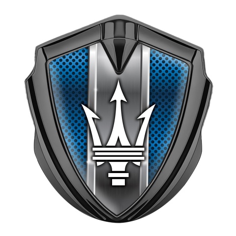 Maserati Emblem Auto Zeichen  Graphit Tonfarbe mit Blau Netz und Grau Panel Logo
