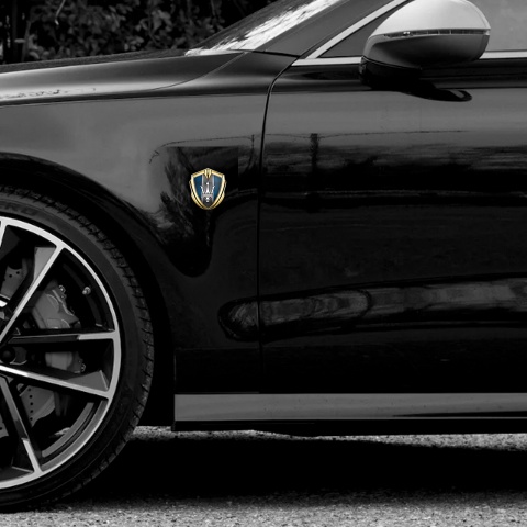 Maserati Emblem Auto Zeichen Goldtonfarbe mit Blau Netz und Grau Panel Logo