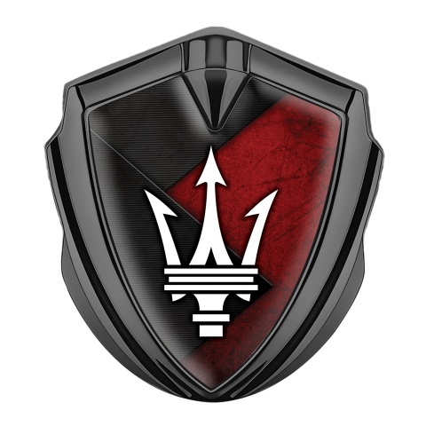 Maserati Emblem Logo Schriftzug Aufkleber Graphit Tonfarbe mit Schwarz Rote Basis und Weiss Logo