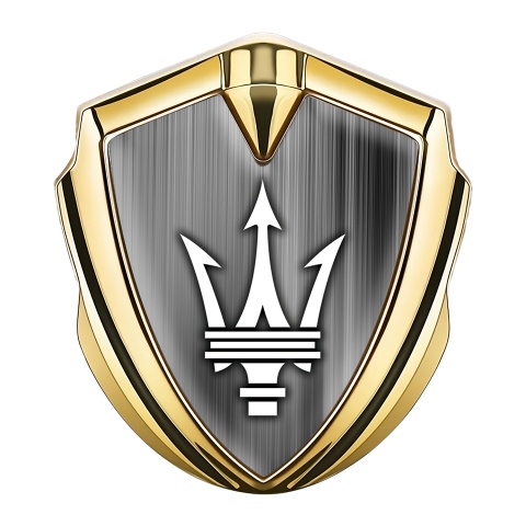 Maserati Emblem Logo Schriftzug Aufkleber Goldtonfarbe mit Matte Basis und Weiss Logo Stil