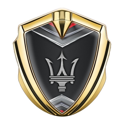 Maserati Emblem Abzeichen Goldtonfarbe mit Schildeffekt Basis und Grau Logo