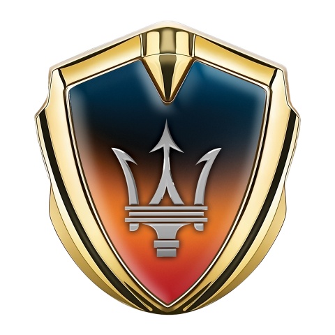 Maserati Selbstklebendes Metallaufkleber Emblem Goldtonfarbe mit Orange Blau Hintergrund Design