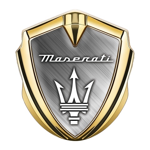 Maserati Abzeichen selbstklebend Goldtonfarbe mit Geburstetes Aluminium und Weiss Logo Design