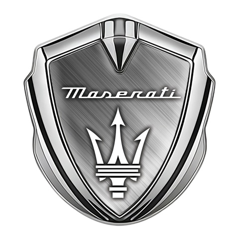 Maserati Metal Emblem Self Adhesive Silver Brushed Aluminum White Logo
