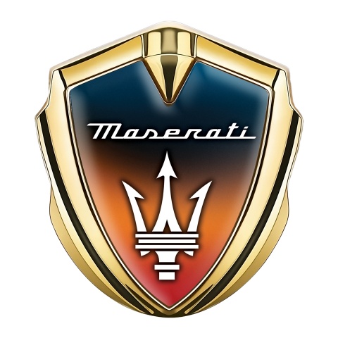 Maserati Emblem Abzeichen selbstklebend Goldtonfarbe mit Irisierende orange blaue Basis Stil