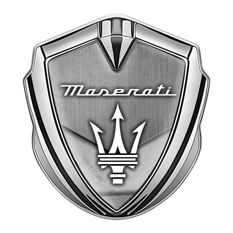 Maserati 3D Car Metal Emblem Silver Brushed Effect White Trident Logo
