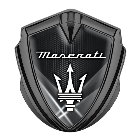 Maserati 3D Car Metal Emblem Graphite Hex Light Beams White Trident Logo