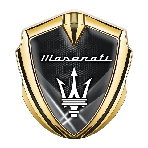 Maserati 3D Car Metal Emblem Gold Hex Light Beams White Trident Logo
