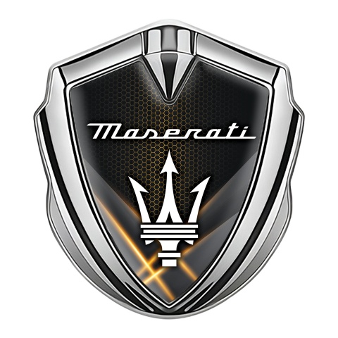 Maserati Bodyside Emblem Silver Orange Light Beams White Trident Logo