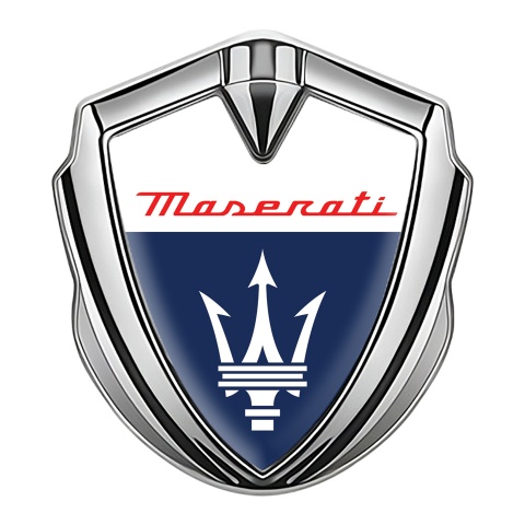Maserati Fender Metal Emblem Badge Silver White Blue Classic Logo Design