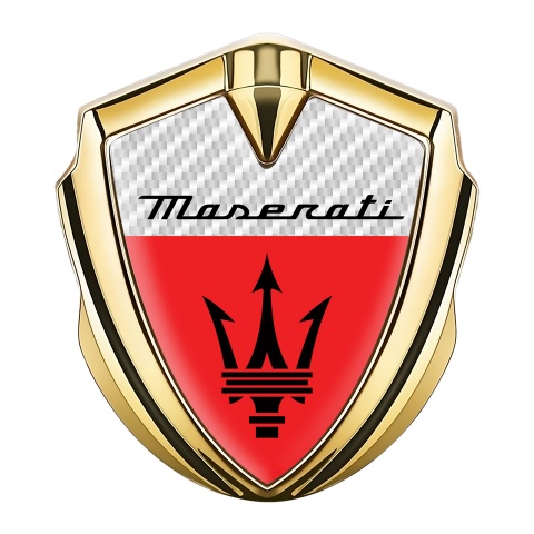 Maserati Fender Emblem Badge Gold White Carbon Base Trident Logo