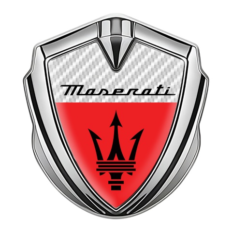 Maserati Fender Emblem Badge Silver White Carbon Base Trident Logo