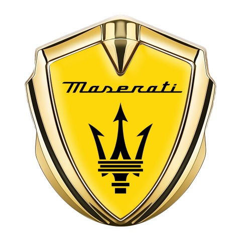 Maserati Metal Emblem Self Adhesive Gold Yellow Base Black Trident