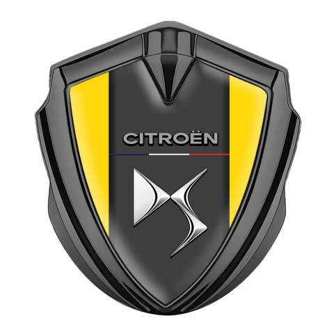 Citroen DS Fender Metal Badge Graphite Yellow Base Chrome Logo Effect