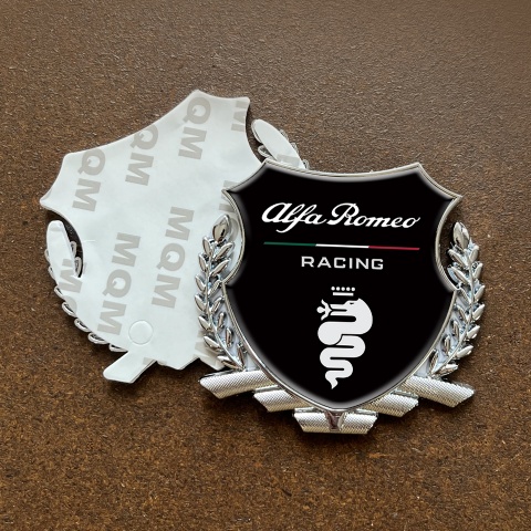 Alfa Romeo Racing Trunk Metal Emblem Silver Black Base White Logo