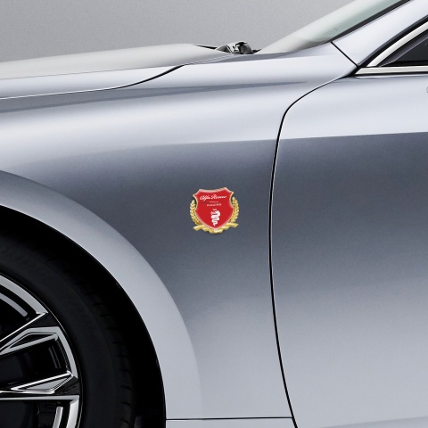 Alfa Romeo Racing Fender Metal Emblem Badge Gold Red Base White Logo