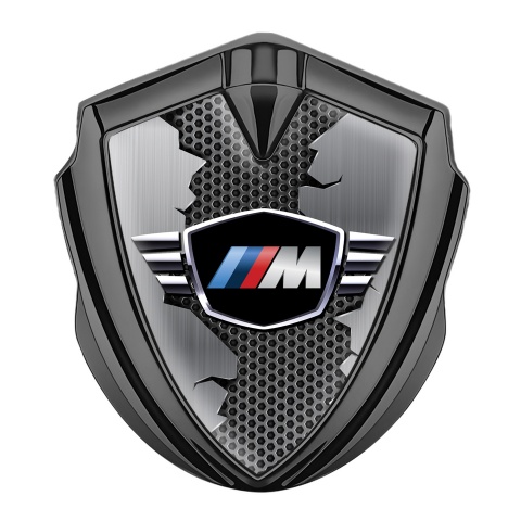 BMW M power Emblem Abzeichen selbstklebend Graphit Tonfarbe und Zerrissenes Metall Stil Basis