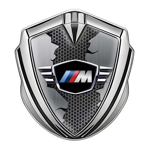 BMW M power Emblem Abzeichen selbstklebend Silbertonfarbe und Zerrissenes Metall Stil Basis