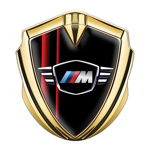 BMW M Power Emblem Auto Zeichen Goldtonfarbe mit Schwarz Rot Streifen Design