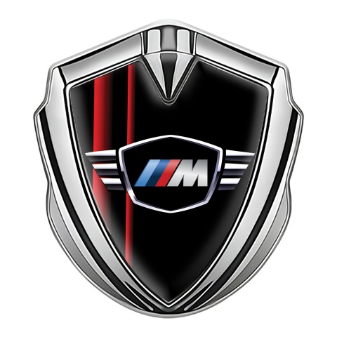 BMW M Power Emblem Auto Zeichen Silbertonfarbe mit Schwarz Rot Streifen Design