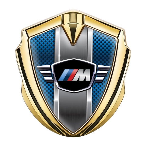 BMW M Power Emblem Logo Schriftzug Aufkleber Goldtonfarbe mit Blau Perforierter Stahl Hintergrund